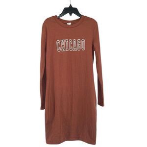 SHEIN Girl’s Brown Chicago Graphic Print Long Sleeve Crewneck T-Shirt Dress 10Y